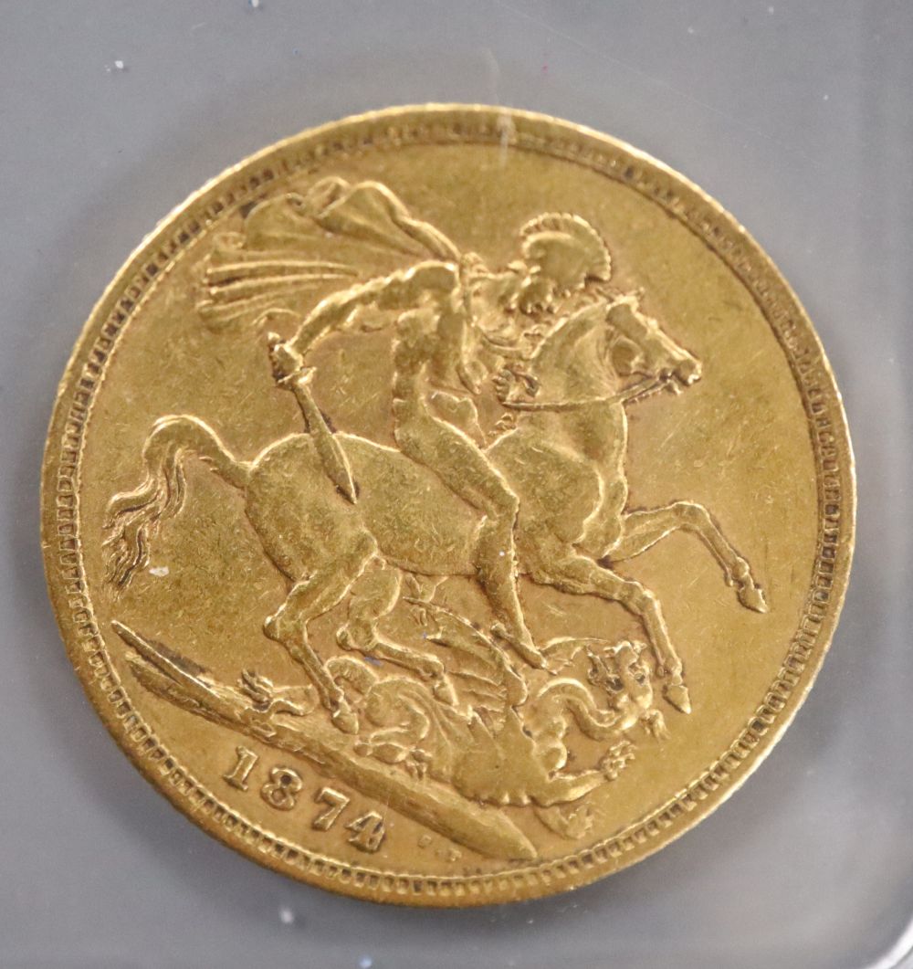 A Victorian gold sovereign, 1874S, F.